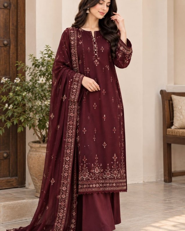 3 piece maroon printed suit