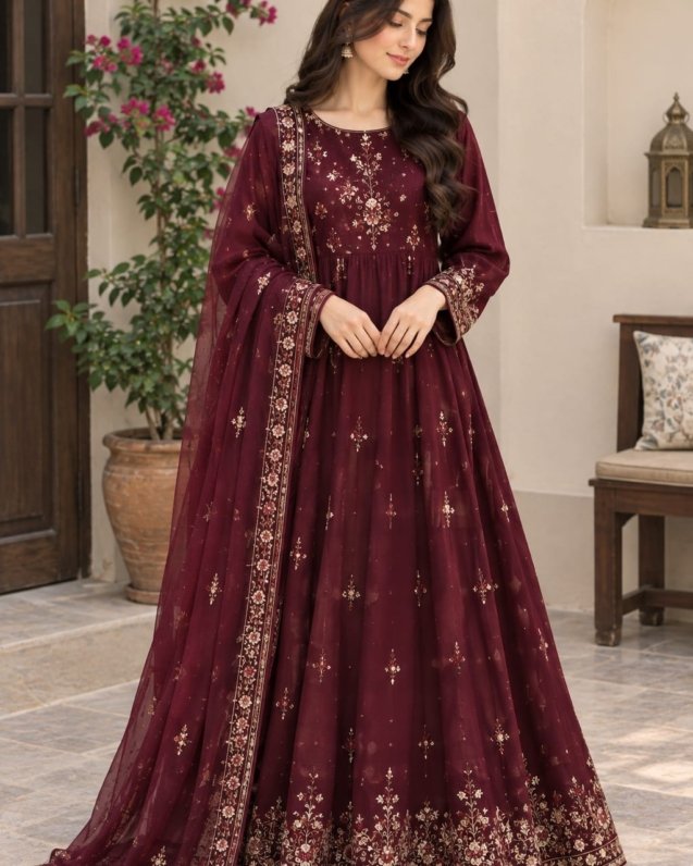 Elegant Deep Maroon Embroidered Anarkali Suit Set